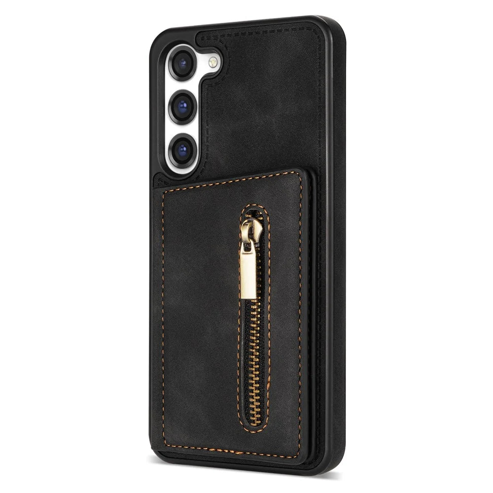 For Samsung Galaxy S23+ Zipper Pocket PU Leather Coated TPU Case Kickstand Wallet Phone Cover - Black - 5