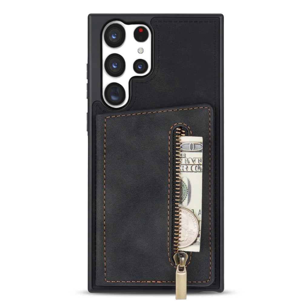 For Samsung Galaxy S23 Ultra Zipper Pocket Wallet Phone Case PU Leather Coated TPU Kickstand Back Cover - Black - 1