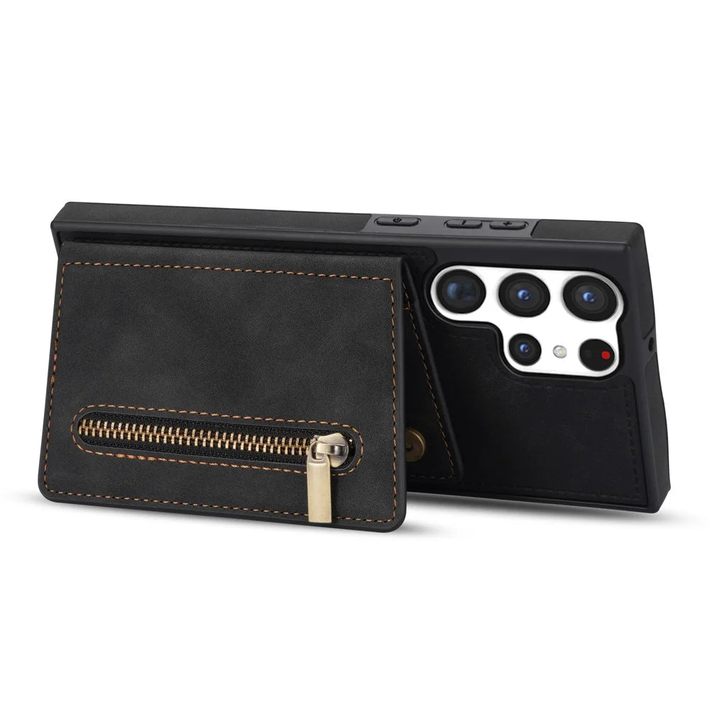For Samsung Galaxy S23 Ultra Zipper Pocket Wallet Phone Case PU Leather Coated TPU Kickstand Back Cover - Black - 3
