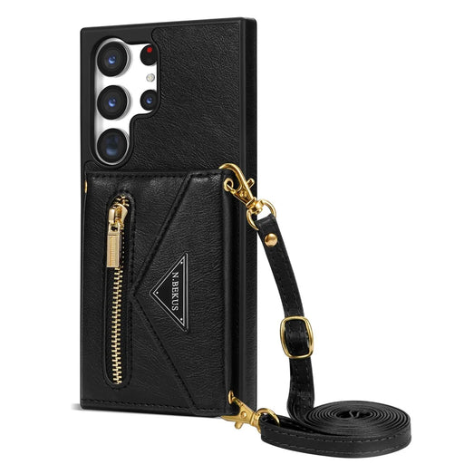 N.BEKUS for Samsung Galaxy S23 Ultra Zipper Pocket Wallet Kickstand Case PU Leather Coated TPU Phone Cover with Shoulder Strap - Black - 1