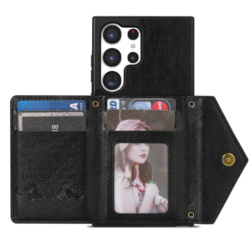 N.BEKUS for Samsung Galaxy S23 Ultra Zipper Pocket Wallet Kickstand Case PU Leather Coated TPU Phone Cover with Shoulder Strap - Black - 2