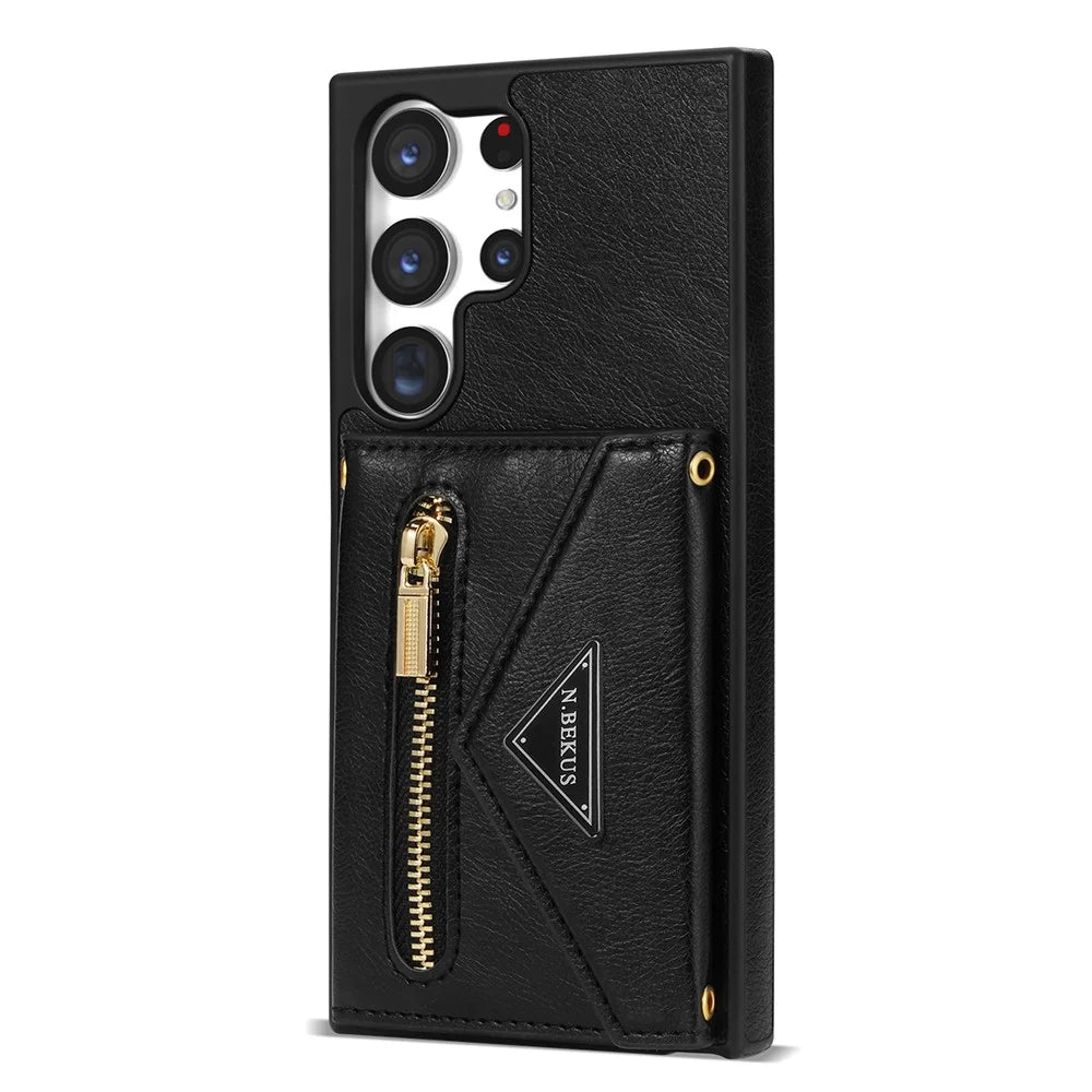 N.BEKUS for Samsung Galaxy S23 Ultra Zipper Pocket Wallet Kickstand Case PU Leather Coated TPU Phone Cover with Shoulder Strap - Black - 7