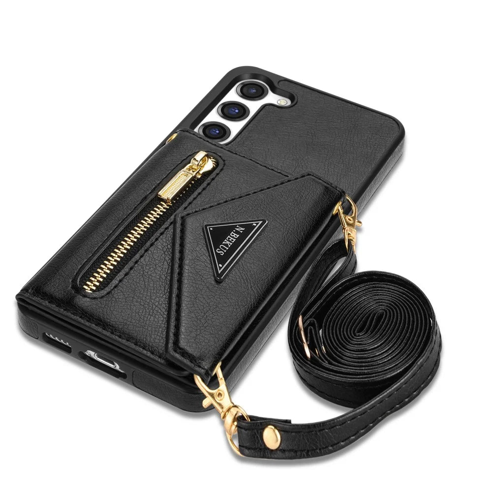 N.BEKUS for Samsung Galaxy S23+ Anti-scratch PU Leather Coated TPU Cover Zipper Pocket Wallet Kickstand Phone Case with Shoulder Strap - Black - 7
