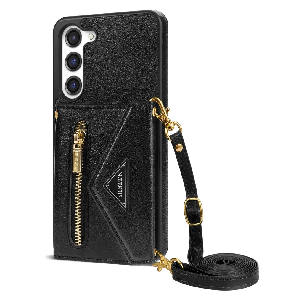 N.BEKUS for Samsung Galaxy S23 Kickstand PU Leather Coated TPU Cover Zipper Pocket Wallet Anti-drop Phone Case with Shoulder Strap - Black - 1