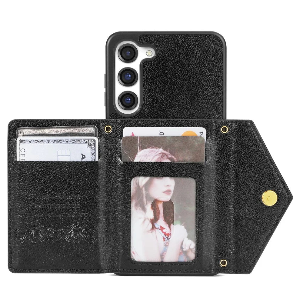 N.BEKUS for Samsung Galaxy S23 Kickstand PU Leather Coated TPU Cover Zipper Pocket Wallet Anti-drop Phone Case with Shoulder Strap - Black - 2