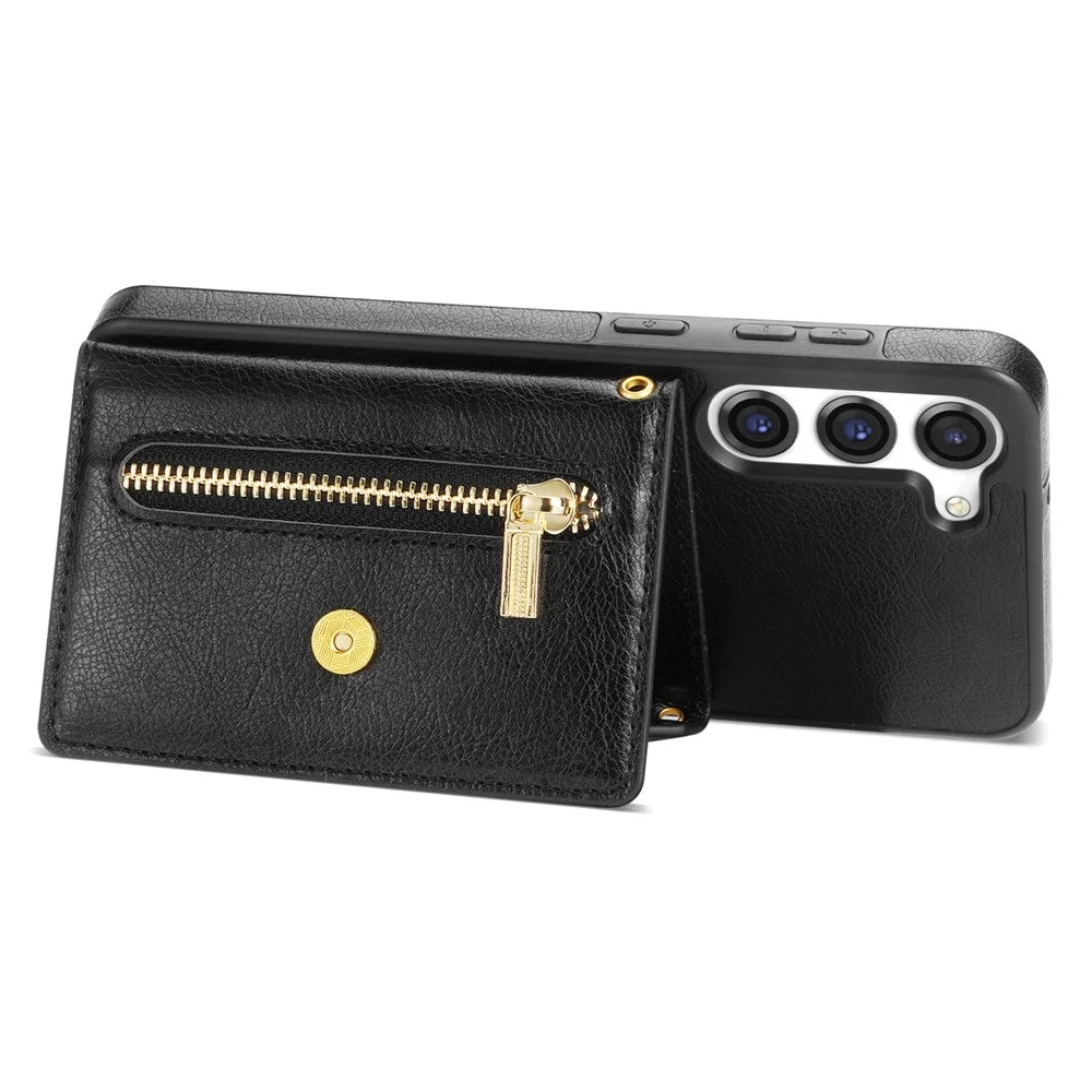 N.BEKUS for Samsung Galaxy S23 Kickstand PU Leather Coated TPU Cover Zipper Pocket Wallet Anti-drop Phone Case with Shoulder Strap - Black - 3