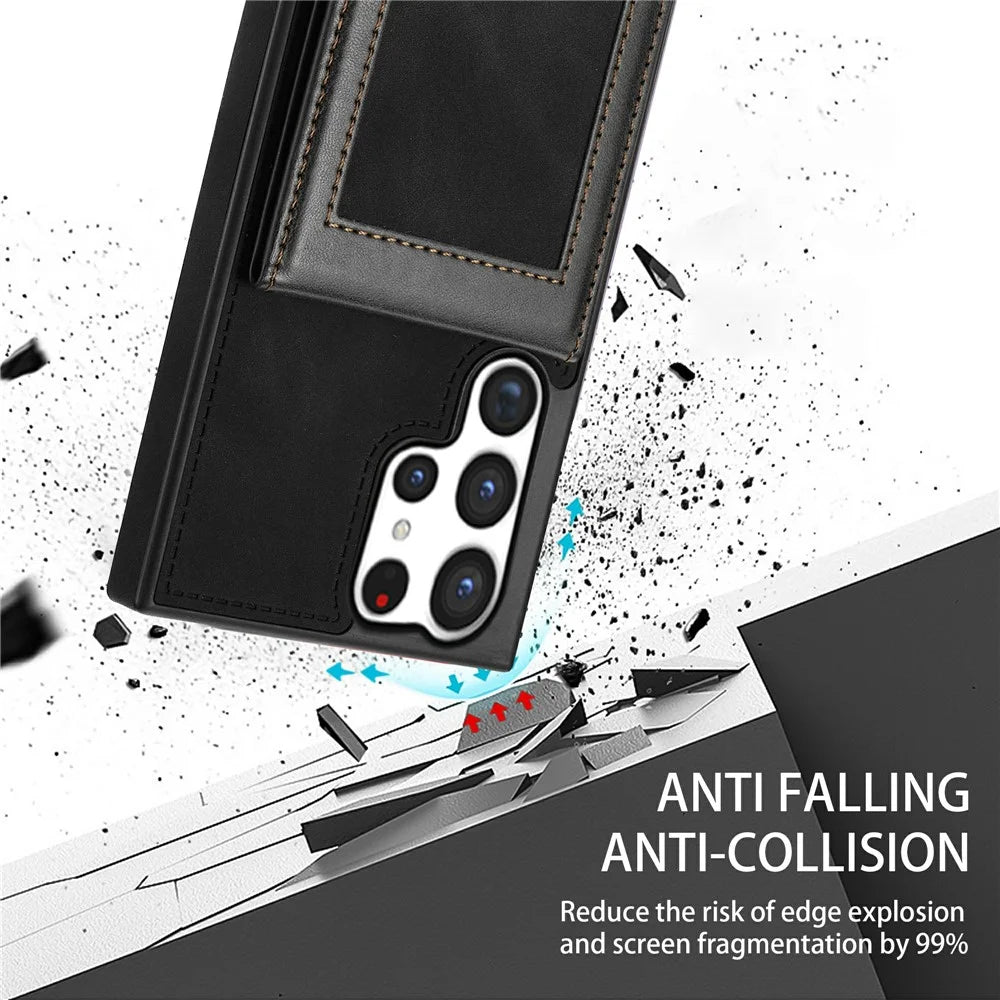 N.BEKUS for Samsung Galaxy S23 Ultra RFID Blocking Card Holder Kickstand Phone Case PU Leather Coated TPU Cover - Black - 5
