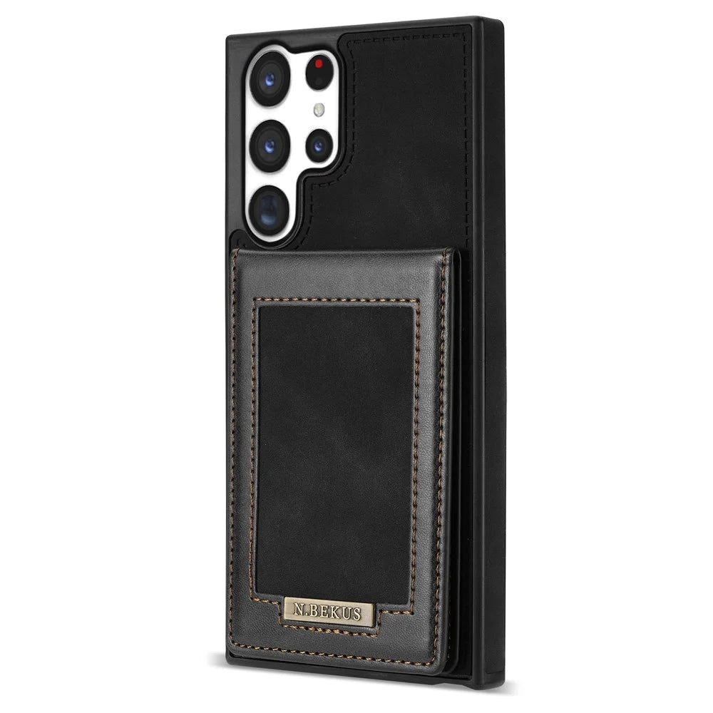 N.BEKUS for Samsung Galaxy S23 Ultra RFID Blocking Card Holder Kickstand Phone Case PU Leather Coated TPU Cover - Black - 7
