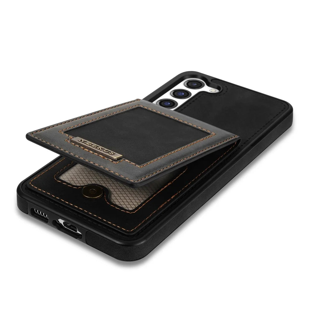 N.BEKUS for Samsung Galaxy S23+ RFID Blocking Card Holder Kickstand PU Leather Coated TPU Case Shockproof Phone Cover - Black - 5