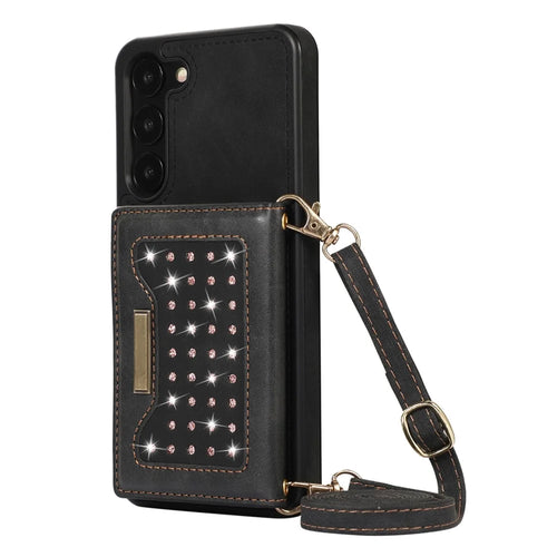 For Samsung Galaxy S23 RFID Blocking Protective Phone Case PU Leather + TPU Rhinestone Decor Phone Cover with Lanyard - Black - 1