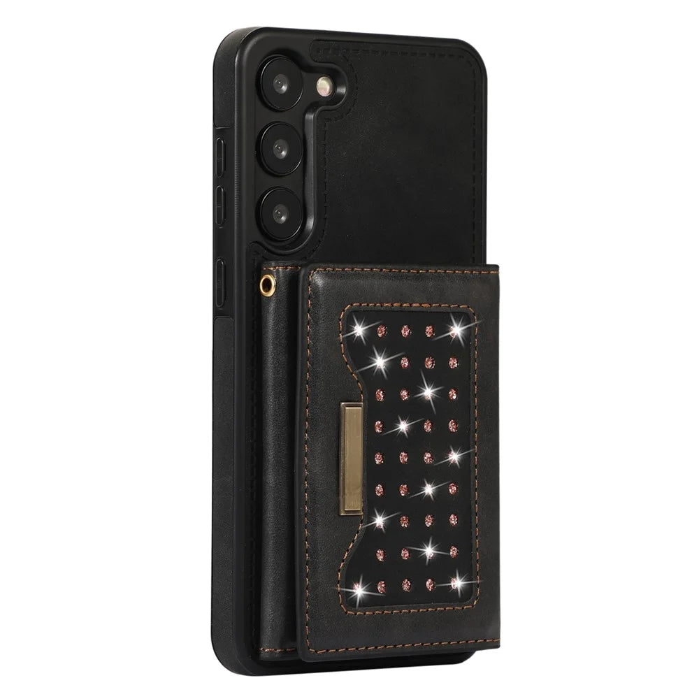For Samsung Galaxy S23 RFID Blocking Protective Phone Case PU Leather + TPU Rhinestone Decor Phone Cover with Lanyard - Black - 6