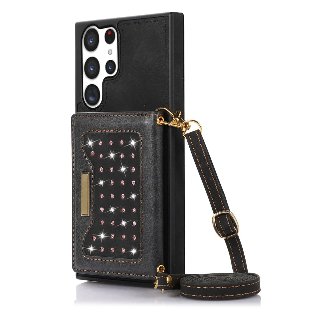 Rhinestone Decor Phone Cover For Samsung Galaxy S23 Ultra, RFID Blocking Anti-shock Phone Case PU Leather + TPU Shell with Lanyard - Black - 1