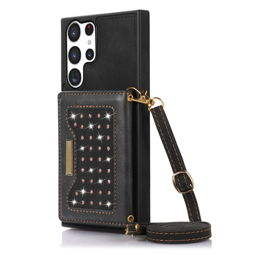 Rhinestone Decor Phone Cover For Samsung Galaxy S23 Ultra, RFID Blocking Anti-shock Phone Case PU Leather + TPU Shell with Lanyard - Black - 1