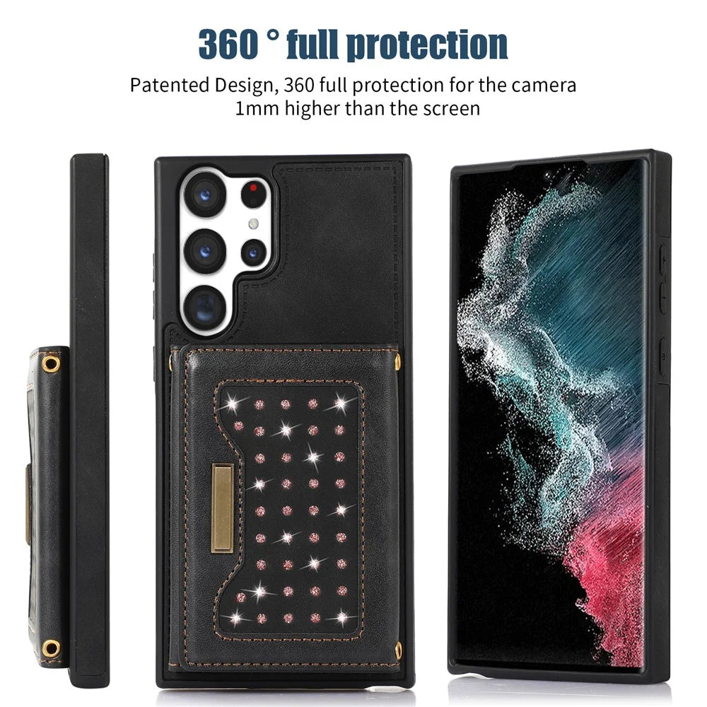Rhinestone Decor Phone Cover For Samsung Galaxy S23 Ultra, RFID Blocking Anti-shock Phone Case PU Leather + TPU Shell with Lanyard - Black - 5