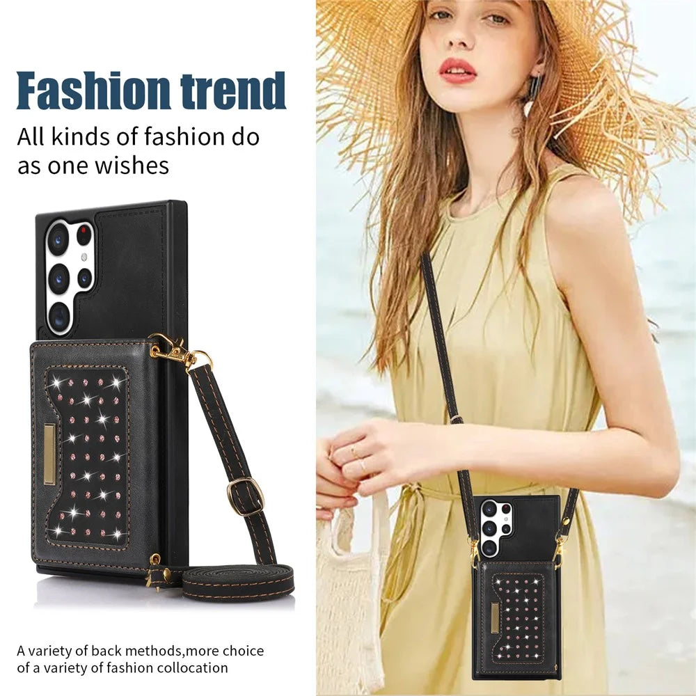 Rhinestone Decor Phone Cover For Samsung Galaxy S23 Ultra, RFID Blocking Anti-shock Phone Case PU Leather + TPU Shell with Lanyard - Black - 7