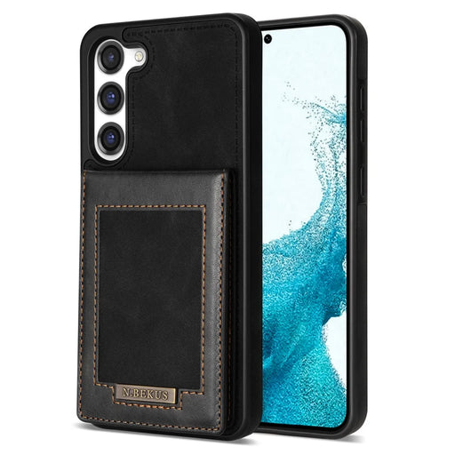 N.BEKUS for Samsung Galaxy S23 RFID Blocking Card Holder Phone Cover Kickstand Anti-drop PU Leather Coated TPU Case - Black - 1