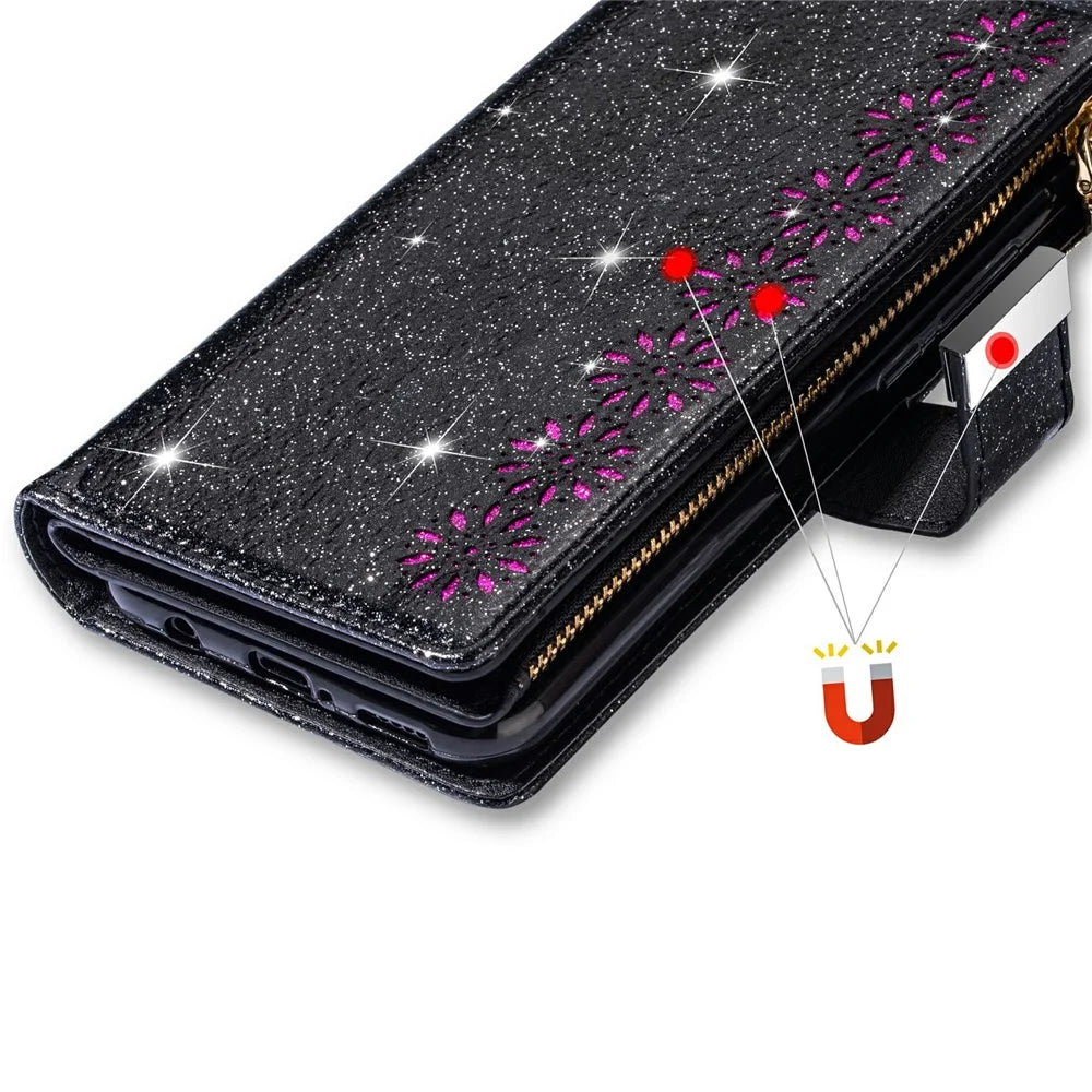 For Samsung Galaxy A13 5G Drop-proof Phone Case Zipper Wallet Stand PU Leather Flip Laser Carving Glittery Starry Style Cell Phone Cover with Strap - Black - 7