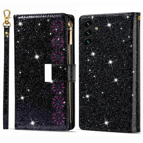 Anti-fall Phone Case For Samsung Galaxy A54 5G Zipper Wallet Stand Laser Carving Glittery Starry Style PU Leather Flip Phone Cover with Strap - Black - 1