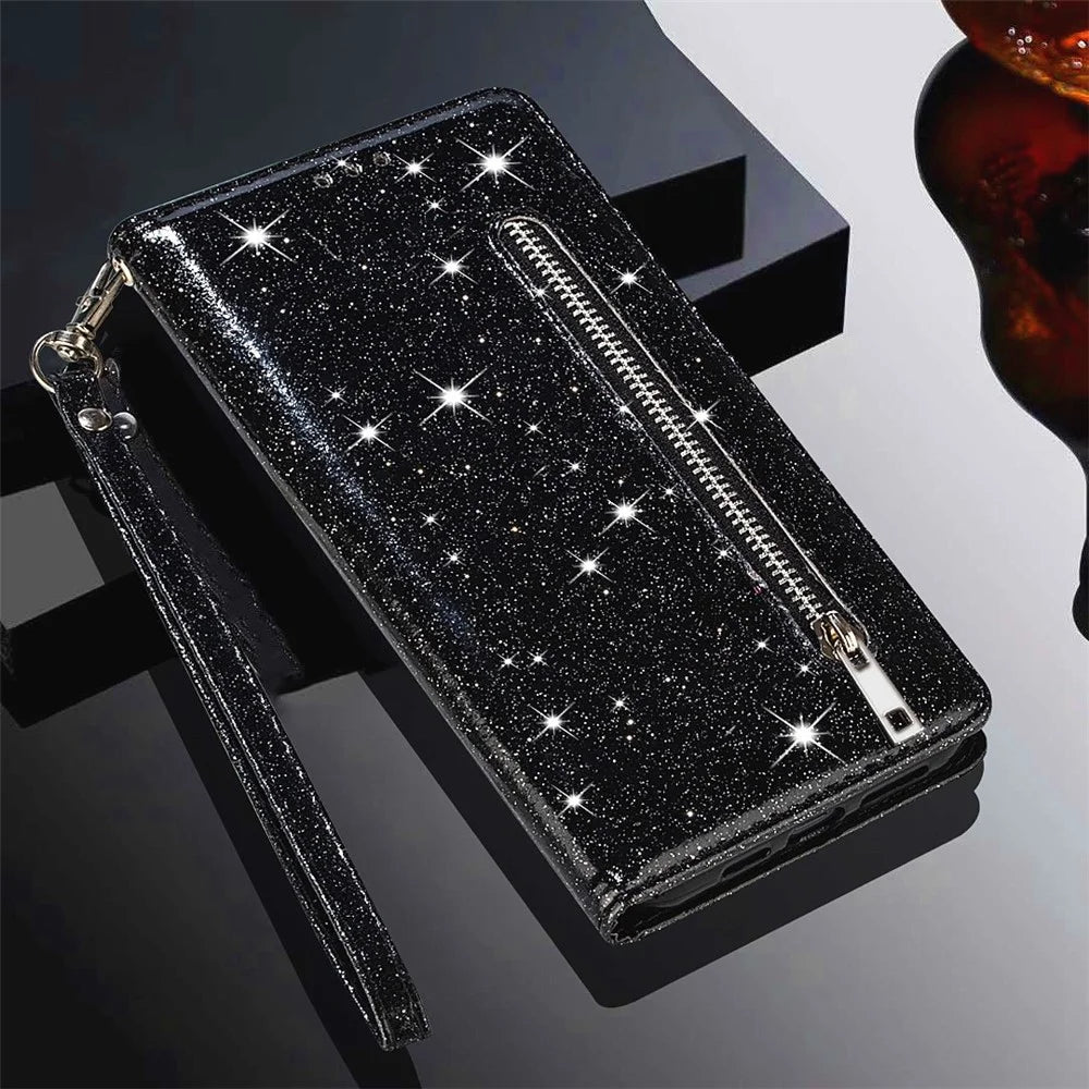 For Samsung Galaxy A14 5G / A14 4G Zipper Pocket Glittery Sequins Phone Cover PU Leather Wallet Stand Anti-scratch Smartphone Case - Black - 6