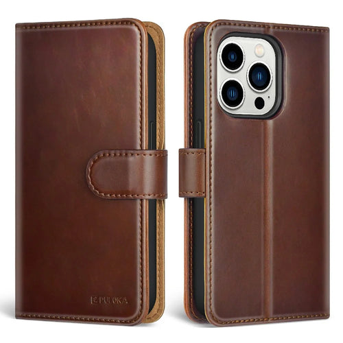 PULOKA For iPhone 13 Pro 6.1 inch Detachable 2-in-1 Phone Case Magnetic Clasp PU Leather Stand Wallet Case Support Wireless Charging - Brown - 1
