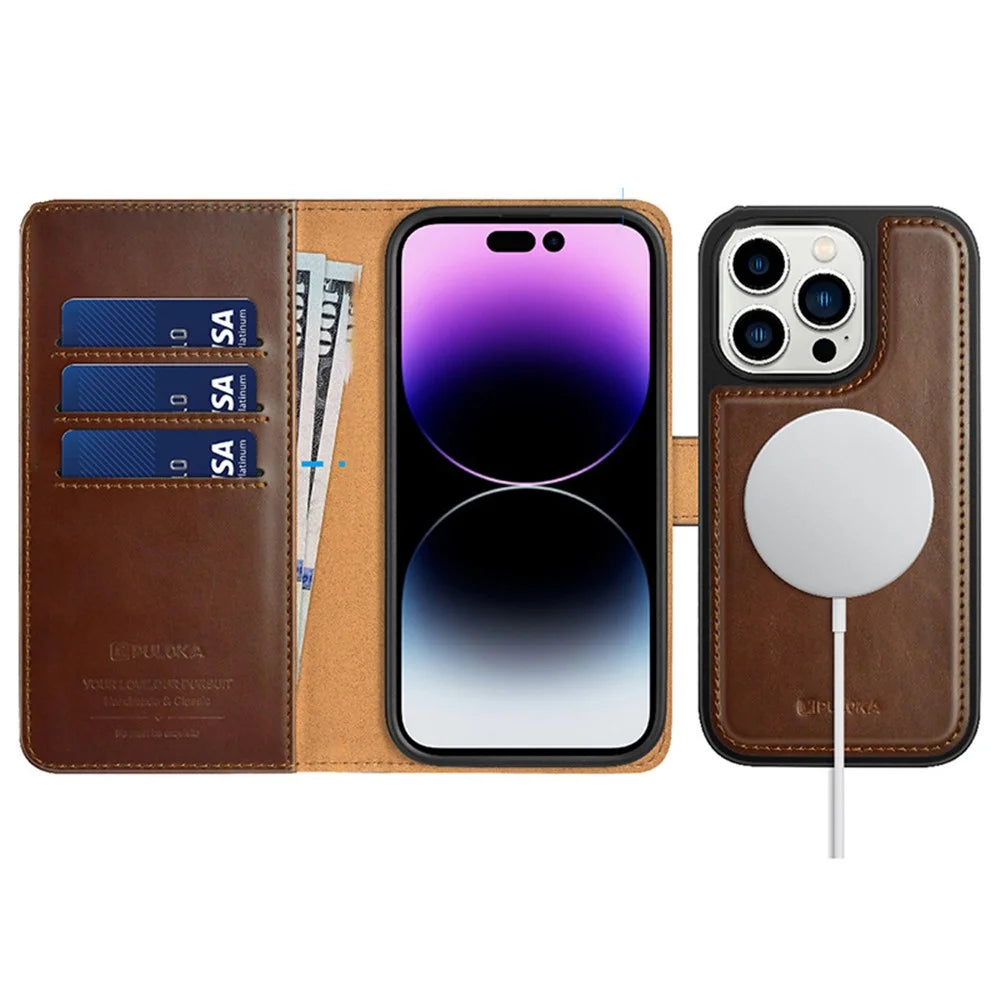 PULOKA For iPhone 13 Pro 6.1 inch Detachable 2-in-1 Phone Case Magnetic Clasp PU Leather Stand Wallet Case Support Wireless Charging - Brown - 4