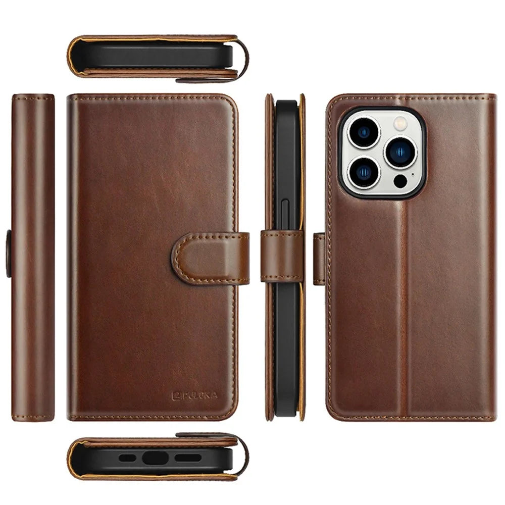PULOKA For iPhone 13 Pro 6.1 inch Detachable 2-in-1 Phone Case Magnetic Clasp PU Leather Stand Wallet Case Support Wireless Charging - Brown - 7