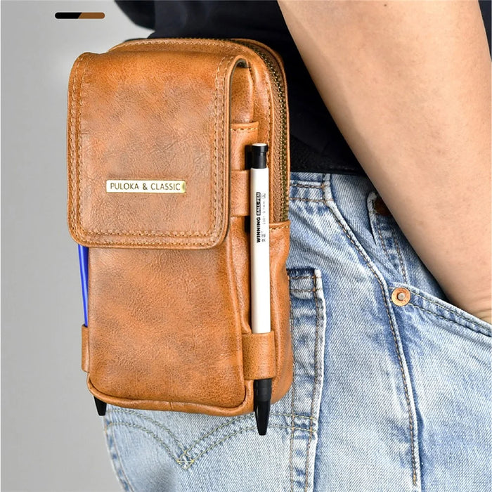 PULOKA PU Leather Hanging Waist Bag Phone Pouch Coin Pen Carrying Bag Phone Case for Cell Phones Under 7.2 Inch - Yellowish-brown - 2