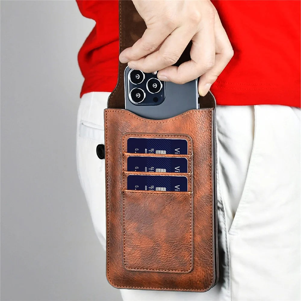 PULOKA Anti-scratch Smartphone Pouch Belt Loop Waist Bag Card Carrying Bag for Cell Phones Under 7.4 Inch - Brown - 2
