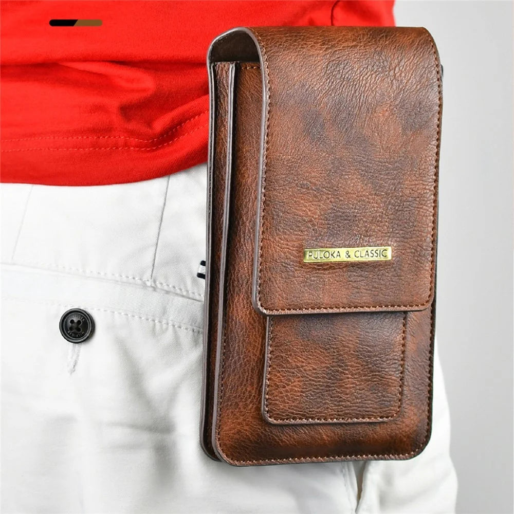 PULOKA Anti-scratch Smartphone Pouch Belt Loop Waist Bag Card Carrying Bag for Cell Phones Under 7.4 Inch - Brown - 3