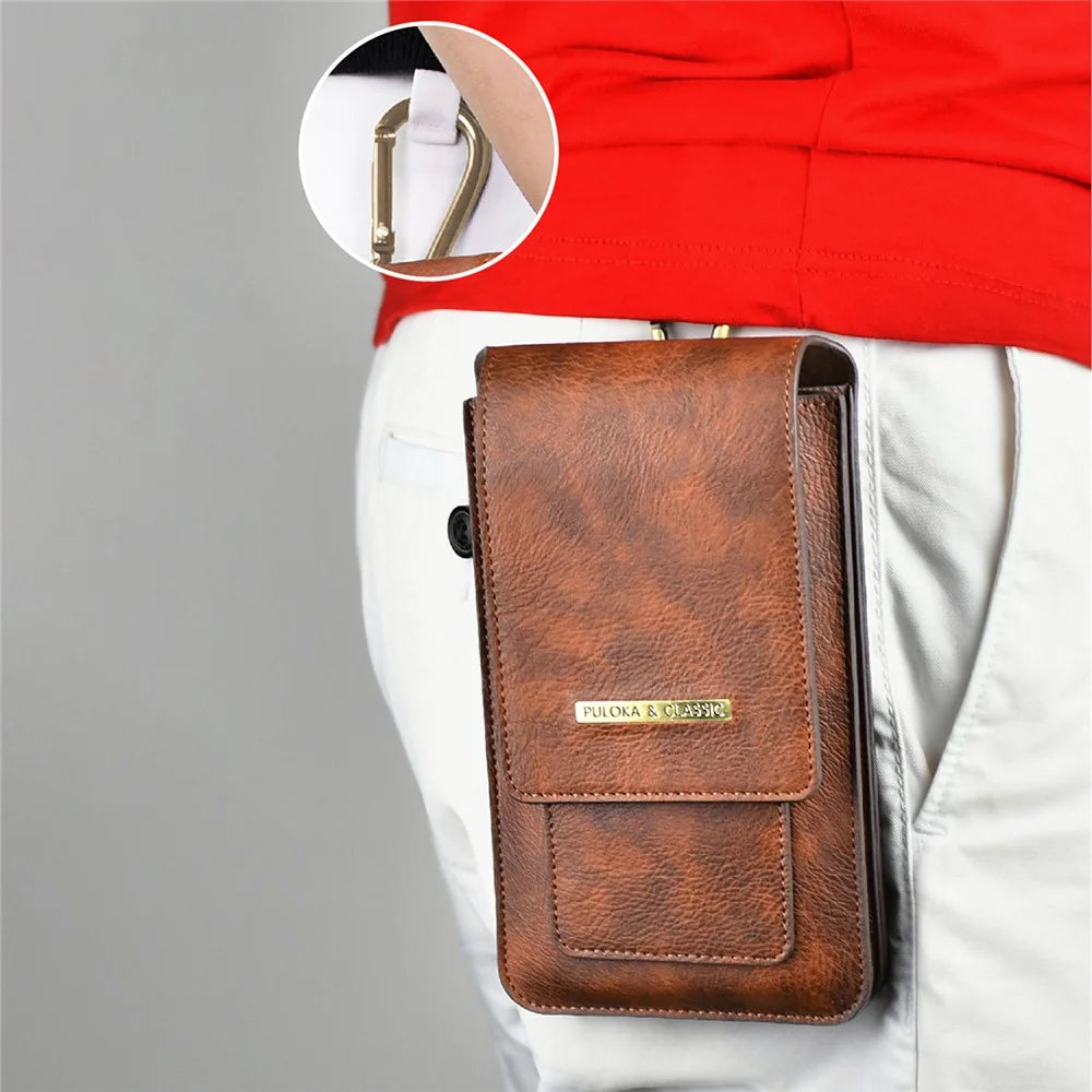 PULOKA Anti-scratch Smartphone Pouch Belt Loop Waist Bag Card Carrying Bag for Cell Phones Under 7.4 Inch - Brown - 4