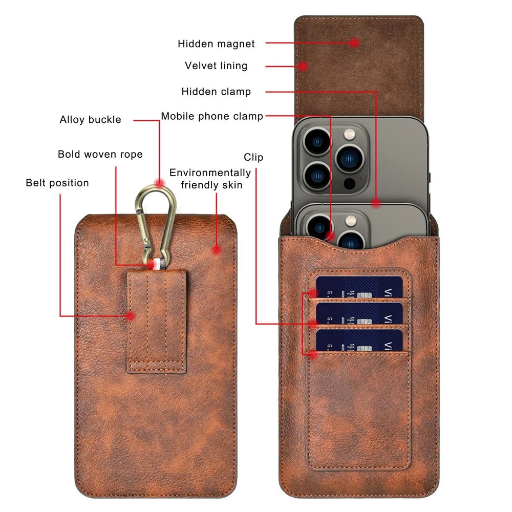 PULOKA Anti-scratch Smartphone Pouch Belt Loop Waist Bag Card Carrying Bag for Cell Phones Under 7.4 Inch - Brown - 5