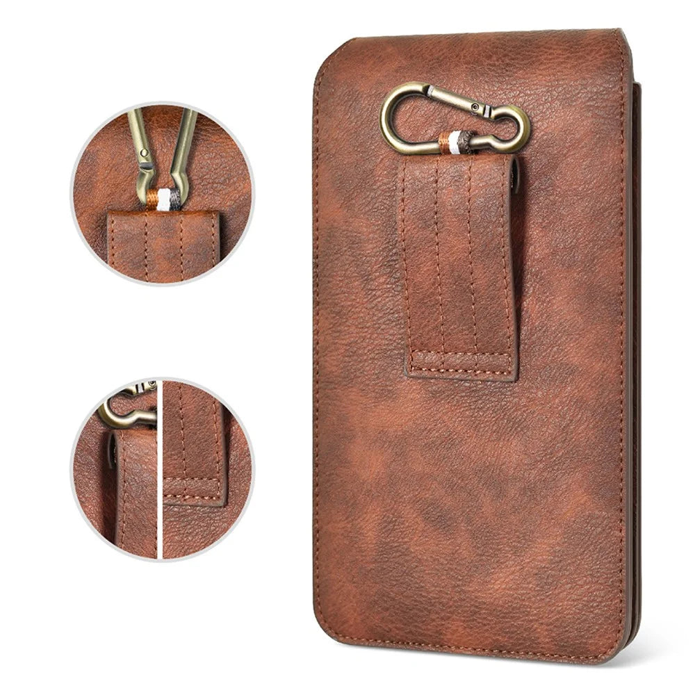 PULOKA Anti-scratch Smartphone Pouch Belt Loop Waist Bag Card Carrying Bag for Cell Phones Under 7.4 Inch - Brown - 7