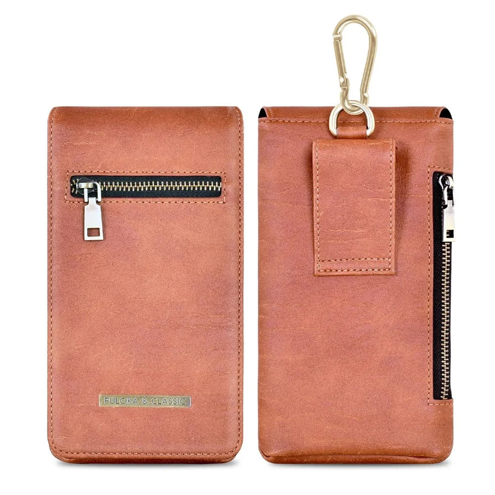 PULOKA PU Leather Waist Bag Vertical Style Zipper Pockets Belt Loop Phone Case Pouch - Brown - 1