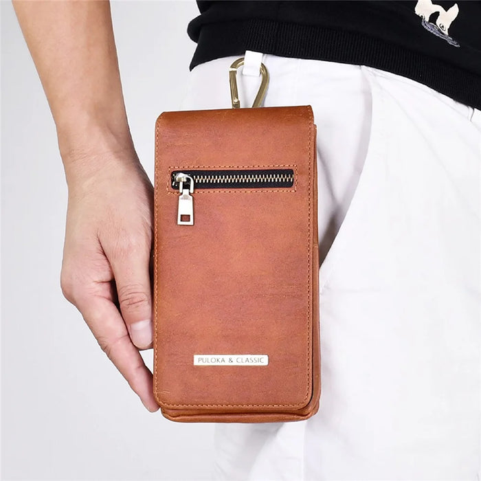 PULOKA PU Leather Waist Bag Vertical Style Zipper Pockets Belt Loop Phone Case Pouch - Brown - 2