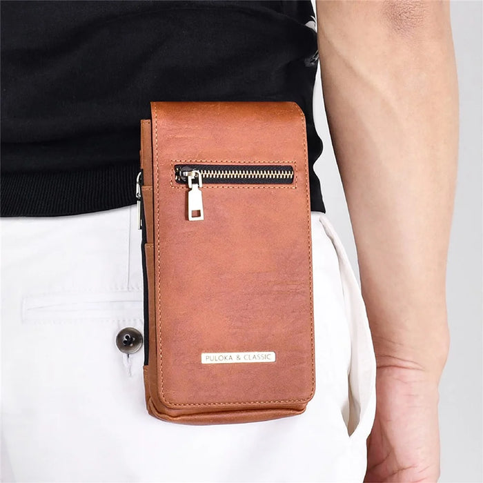 PULOKA PU Leather Waist Bag Vertical Style Zipper Pockets Belt Loop Phone Case Pouch - Brown - 4