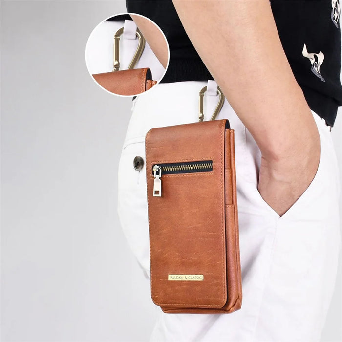 PULOKA PU Leather Waist Bag Vertical Style Zipper Pockets Belt Loop Phone Case Pouch - Brown - 5