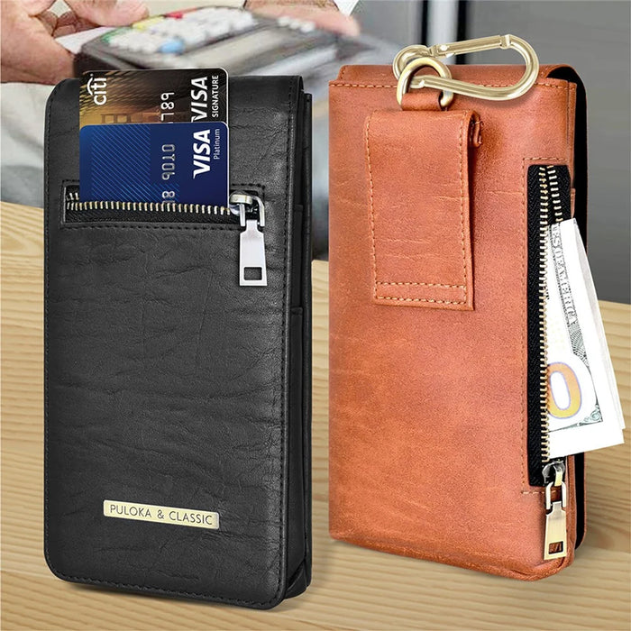 PULOKA PU Leather Waist Bag Vertical Style Zipper Pockets Belt Loop Phone Case Pouch - Brown - 6