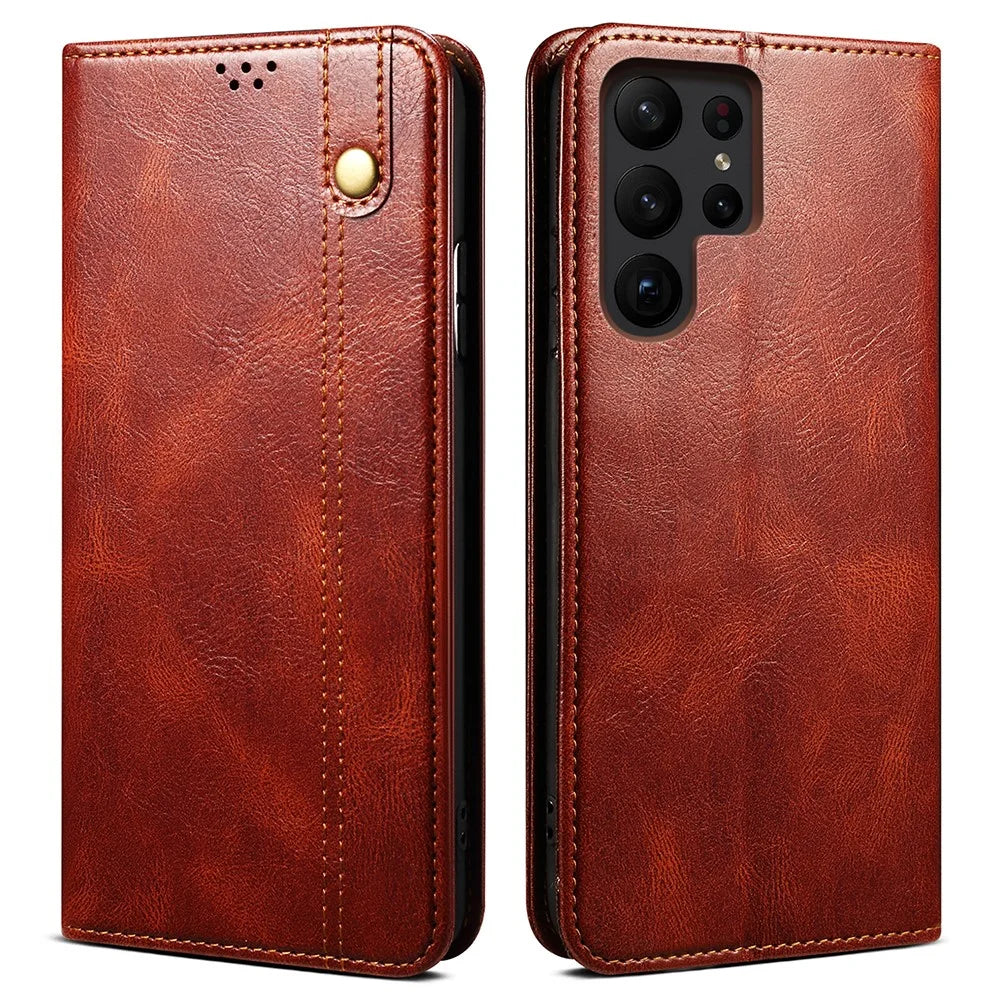 For Samsung Galaxy S23 Ultra Shockproof Waxy Crazy Horse Texture Phone Case Stand Wallet PU Leather Magnetic Auto-absorbed Folio Flip Phone Cover - Brown - 1