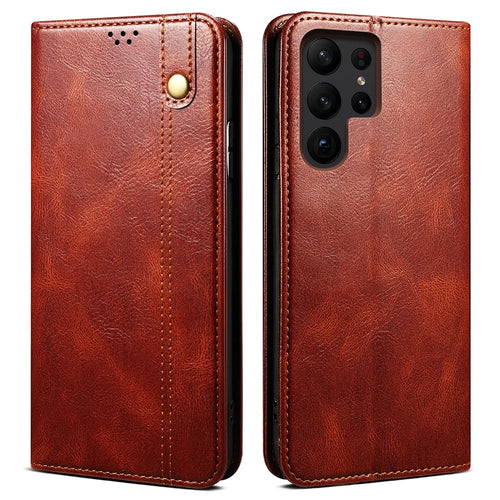 For Samsung Galaxy S23 Ultra Shockproof Waxy Crazy Horse Texture Phone Case Stand Wallet PU Leather Magnetic Auto-absorbed Folio Flip Phone Cover - Brown - 1