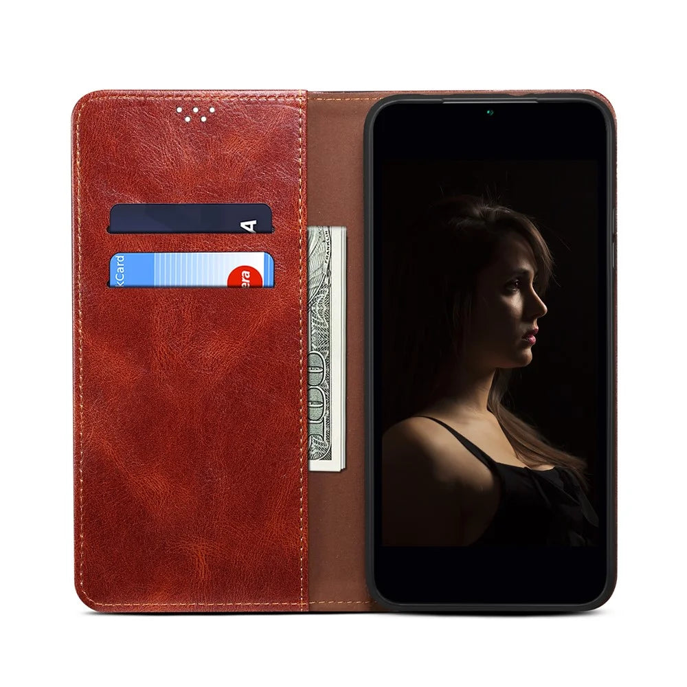 For Samsung Galaxy S23 Ultra Shockproof Waxy Crazy Horse Texture Phone Case Stand Wallet PU Leather Magnetic Auto-absorbed Folio Flip Phone Cover - Brown - 2