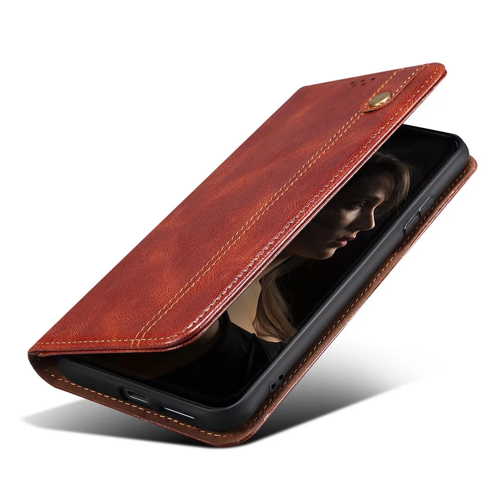 For Samsung Galaxy S23 Ultra Shockproof Waxy Crazy Horse Texture Phone Case Stand Wallet PU Leather Magnetic Auto-absorbed Folio Flip Phone Cover - Brown - 5