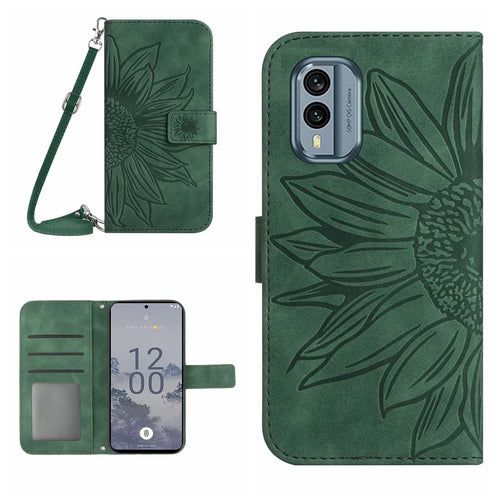For Nokia X30 5G HT04 Skin-touch Full Protection Sunflower Imprinted Phone Cover Flip Leather Wallet Case Stand with Shoulder Strap - Dark Green - 1