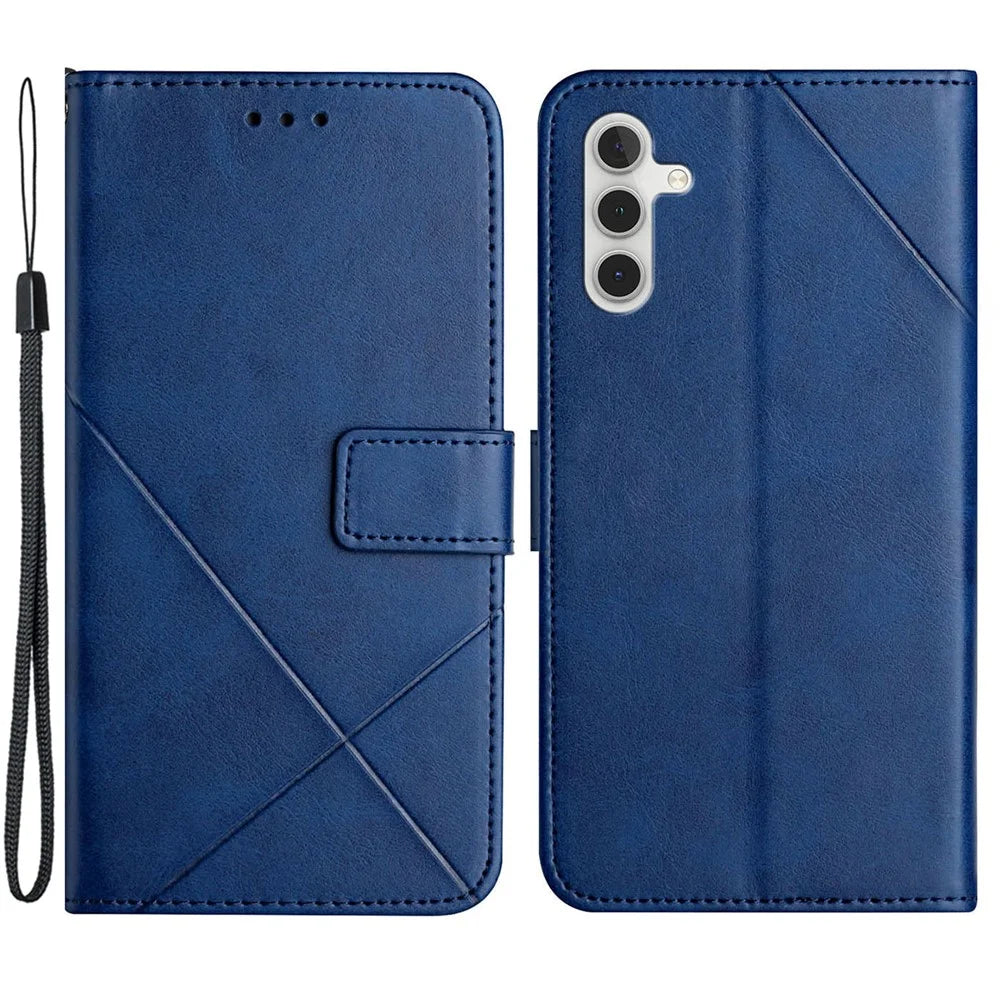 For Samsung Galaxy A54 5G Line Imprinting Solid Color PU Leather Wallet Stand Case Full Protection Phone Cover with Strap - Blue - 1