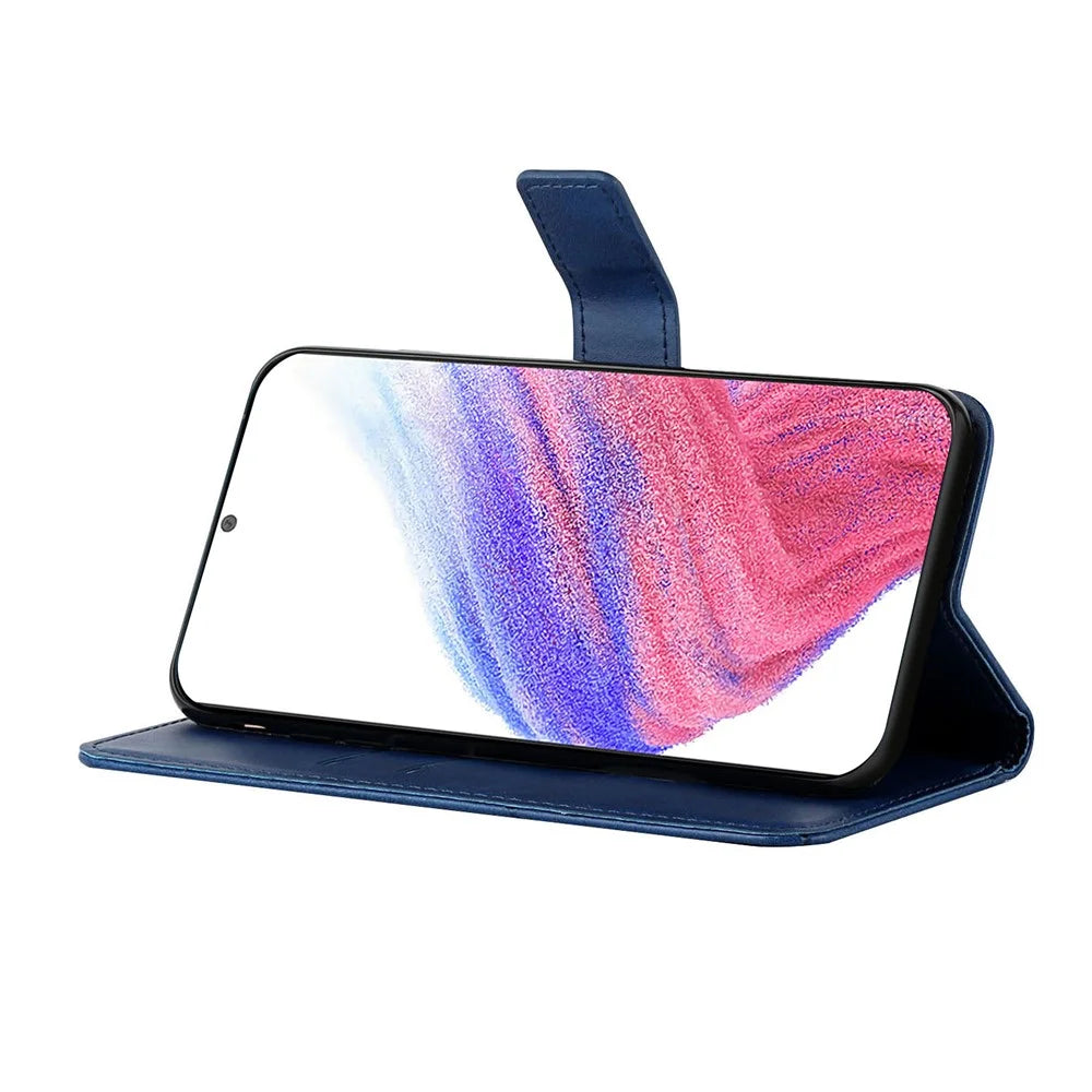 For Samsung Galaxy A54 5G Line Imprinting Solid Color PU Leather Wallet Stand Case Full Protection Phone Cover with Strap - Blue - 2
