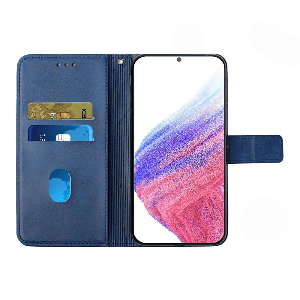 For Samsung Galaxy A54 5G Line Imprinting Solid Color PU Leather Wallet Stand Case Full Protection Phone Cover with Strap - Blue - 3