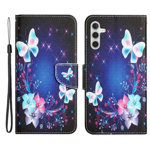 For Samsung Galaxy A54 5G Cross Texture PU Leather Wallet Case Pattern Printing Magnetic Closure Stand Phone Cover with Strap - Butterfly - 1