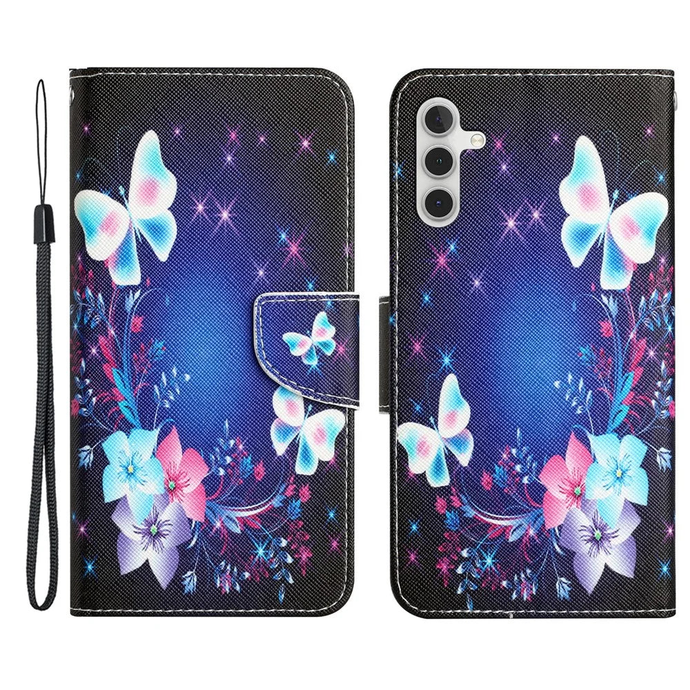 For Samsung Galaxy A54 5G Cross Texture PU Leather Wallet Case Pattern Printing Magnetic Closure Stand Phone Cover with Strap - Butterfly - 1