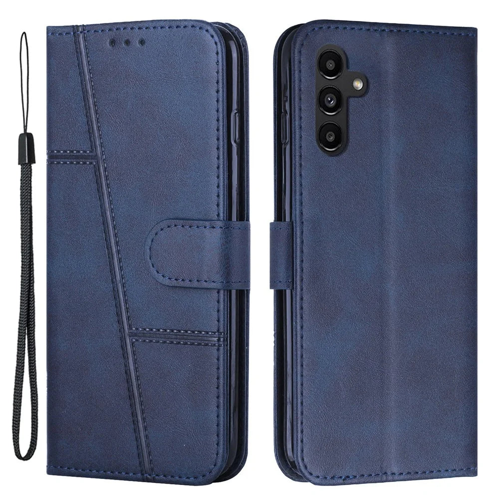 For Samsung Galaxy A54 5G Magnetic Clasp Wallet Phone Case Foldable Stand Stitching Imprinted Line PU Leather Cover - Sapphire - 1