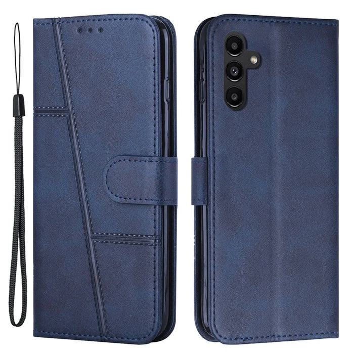 For Samsung Galaxy A54 5G Magnetic Clasp Wallet Phone Case Foldable Stand Stitching Imprinted Line PU Leather Cover - Sapphire - 1