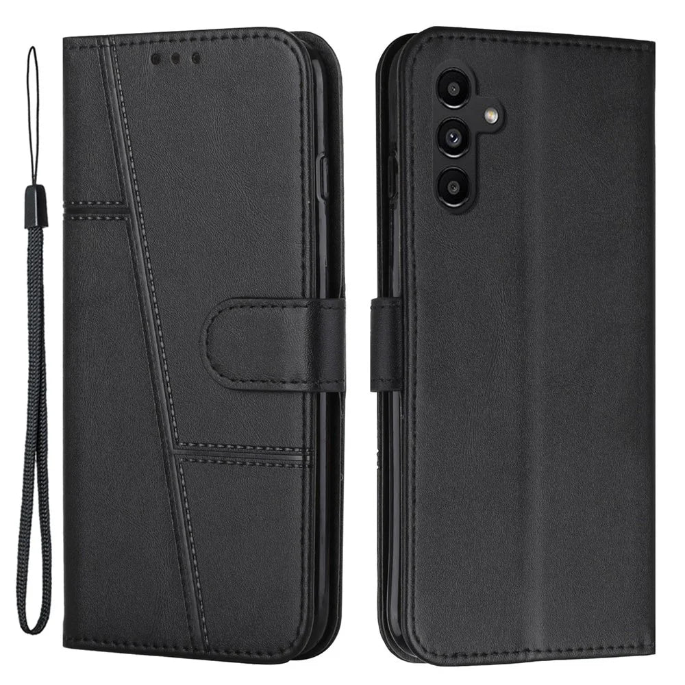 Magnetic Clasp Foldable Stand Phone Cover for Samsung Galaxy A34 5G, Imprinted Stitching Line PU Leather Wallet Phone Case with Strap - Black - 1